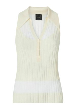 Mouwloos geribd gebreid topje met een brede kraag en een knoopsluiting met drie knopen, met horizontale witte en crèmekleurige strepen.
