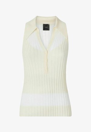 Top de punto sin mangas con canalé, cuello ancho y tapeta con tres botones, con rayas horizontales blancas y crema.