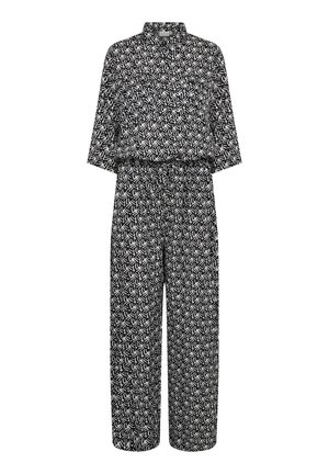 Black and white patterned jumpsuit with a collared neckline, short sleeves, elastic waist, and wide-leg design.