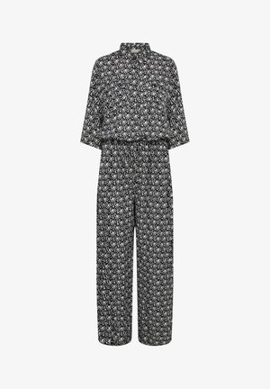 Mönstrad jumpsuit i svart och vitt med krage, korta ärmar, elastisk midja och vida ben.