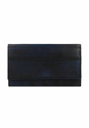 Portefeuille en cuir noir avec une texture lisse, de forme rectangulaire et un logo discret. Présente un design plié et une surface épurée sans embellissements.