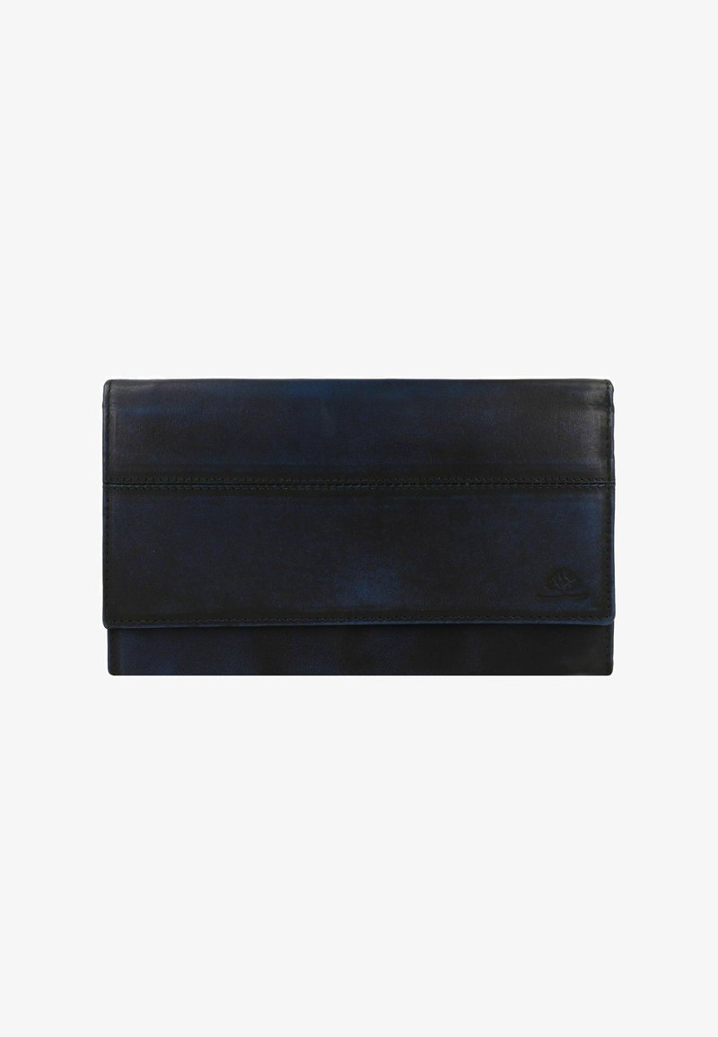Portefeuille en cuir noir avec une texture lisse, de forme rectangulaire et un logo discret. Présente un design plié et une surface épurée sans embellissements.