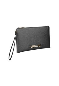 Monedero de muñeca sintético negro con cierre de cremallera, que presenta la marca "LIU JO" en herrajes dorados y un acento decorativo de gema. Textura suave.