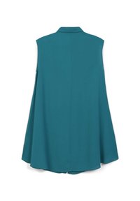 Top senza maniche di colore teal con colletto alto, retro plissettato, tessuto liscio e orlo arrotondato. Design semplice senza chiusure visibili.