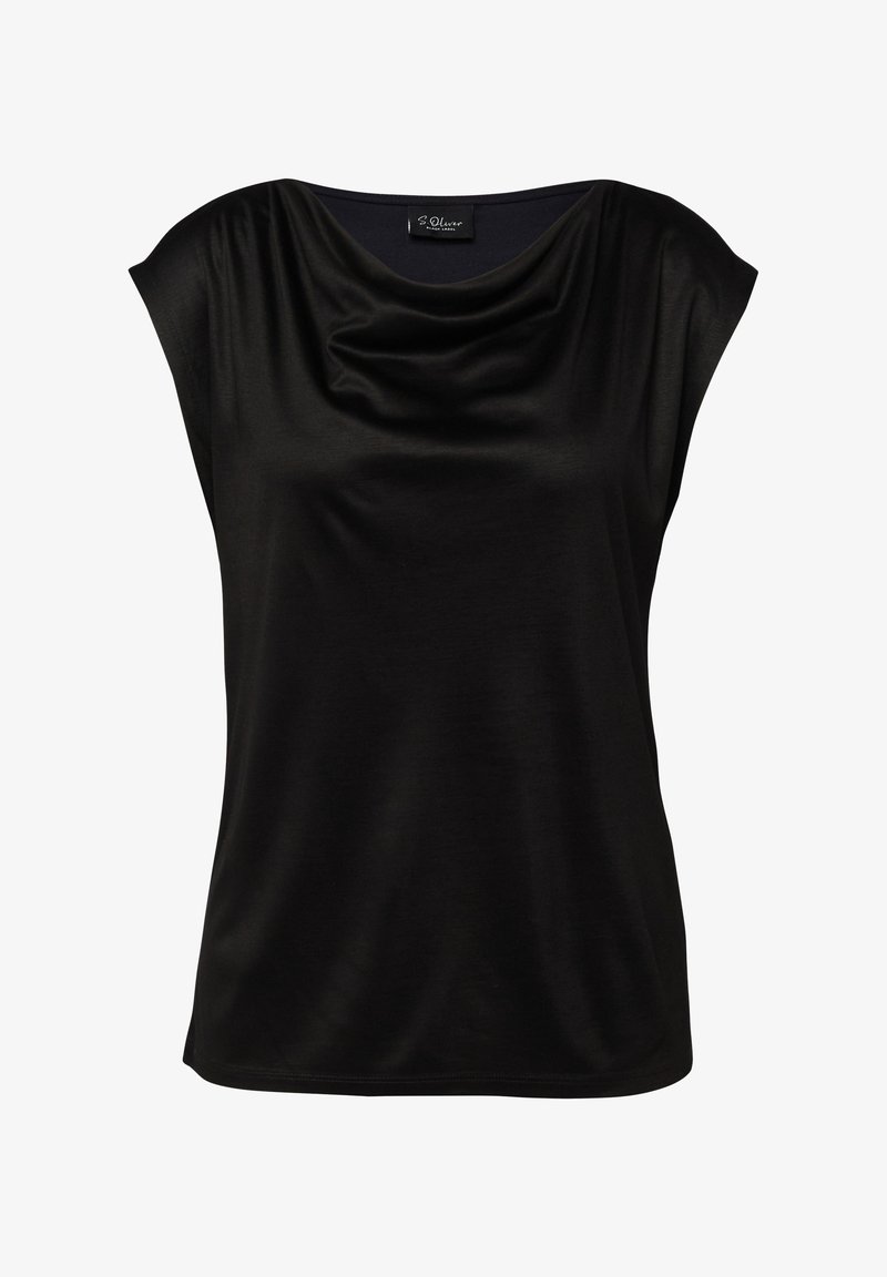 Czarna bezrękawnikowa bluzka z opadającym dekoltem typu szalowego, wykonana z gładkiej, lekkiej tkaniny. Posiada luźny krój i zaokrąglony dół.