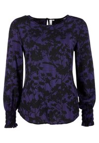 Blusa lunga a maniche con pattern floreali neri, in tessuto testurizzato, scollatura rotonda, dettaglio con occhiello sul retro e polsini arricciati.