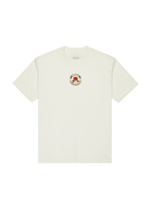White cotton t-shirt with short sleeves and a round neckline. Features a circular logo with a red flower design in the center.