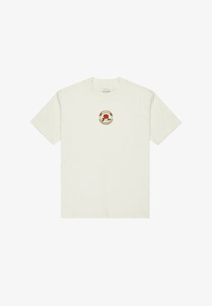 White cotton t-shirt with short sleeves and a round neckline. Features a circular logo with a red flower design in the center.