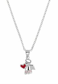 Silverhalsband med en charm i form av en ängel med ett rött hjärta och rosa detaljer, på en länkad kedja.