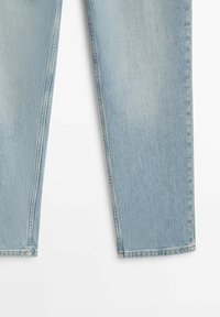 Light blue denim jeans with a straight-leg design, featuring visible stitching, a zipper fly, and subtle fading on the fabric.