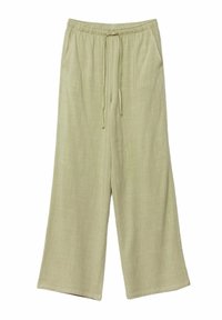 Lichtgroene, wijde broek van linnen met een elastische tailleband en trekkoord. Bevat twee zijzakken. Soepele textuur.