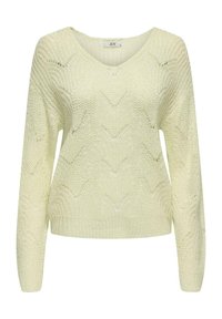 Maglione a maglia di colore giallo chiaro con scollo a V, maniche lunghe e motivo a zigzag testurizzato. Orlo e polsini a costine. Realizzato in materiale morbido e traspirante.