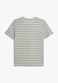 Kortærmet t-shirt med et stribet mønster i sort og hvid, med rund halsudskæring og en glat, let stofstruktur.