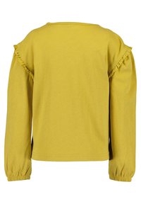 Maglietta gialla in cotone a maniche lunghe con dettagli arricciati sulle spalle e polsini elasticizzati, dal design semplice e relaxed.