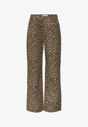 Leopard-print wide-leg pants in a tan and black color scheme, featuring a classic waistband and a casual, loose fit.