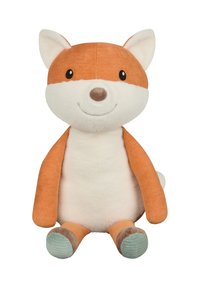 Plush fox toy with orange corduroy ears, white fur, and a brown nose. Soft body, sitting position, with light green and brown accents on paws.