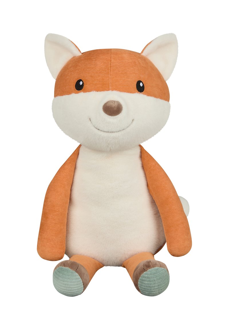 Plush fox toy with orange corduroy ears, white fur, and a brown nose. Soft body, sitting position, with light green and brown accents on paws.
