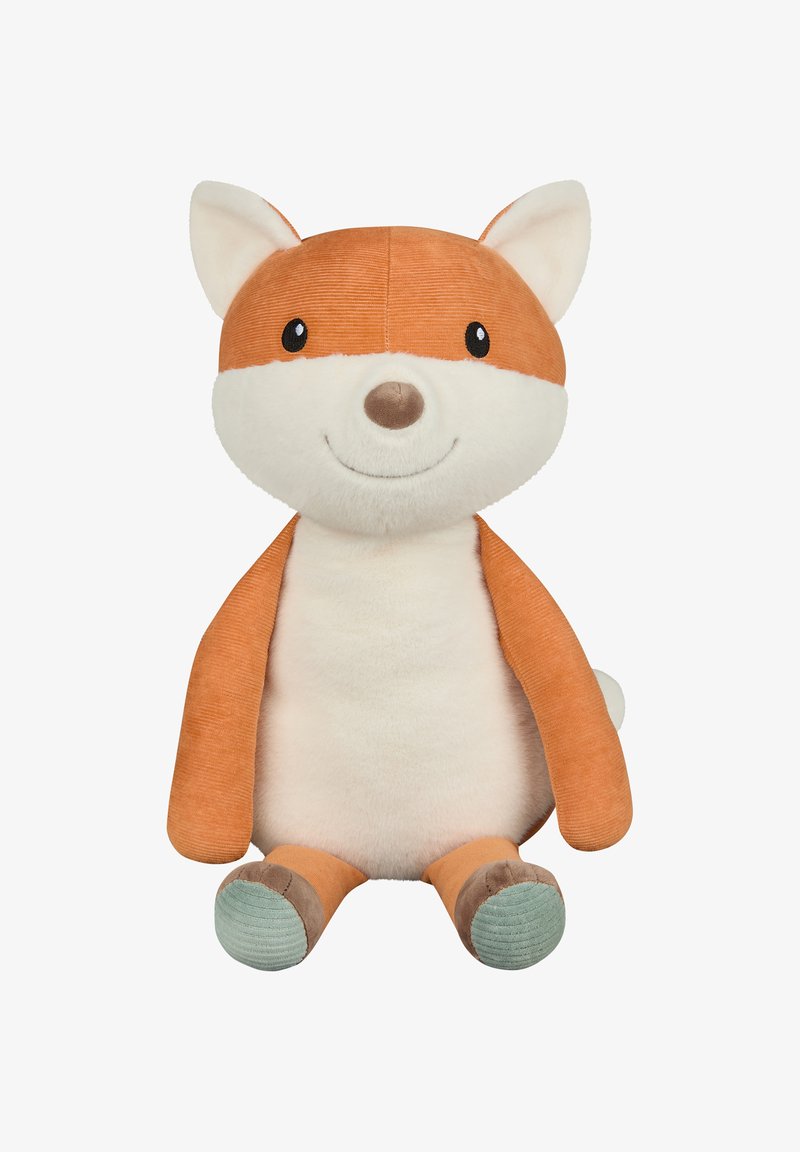 Plush fox toy with orange corduroy ears, white fur, and a brown nose. Soft body, sitting position, with light green and brown accents on paws.