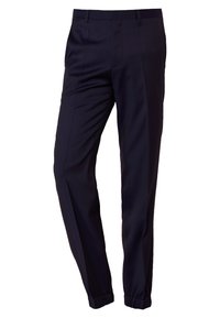 Marinblå dressbyxor tillverkade av mjukt tyg, med en avsmalnande design, diskreta veck och elastiska muddar vid anklarna för komfort.