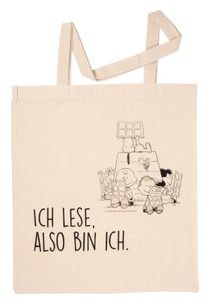 Cotton tote bag in natural color featuring a black line drawing of cartoon characters holding chocolate bars and the text "ICH LESE, ALso BIN ICH."