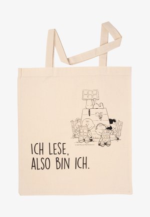 Cotton tote bag in natural color featuring a black line drawing of cartoon characters holding chocolate bars and the text "ICH LESE, ALso BIN ICH."