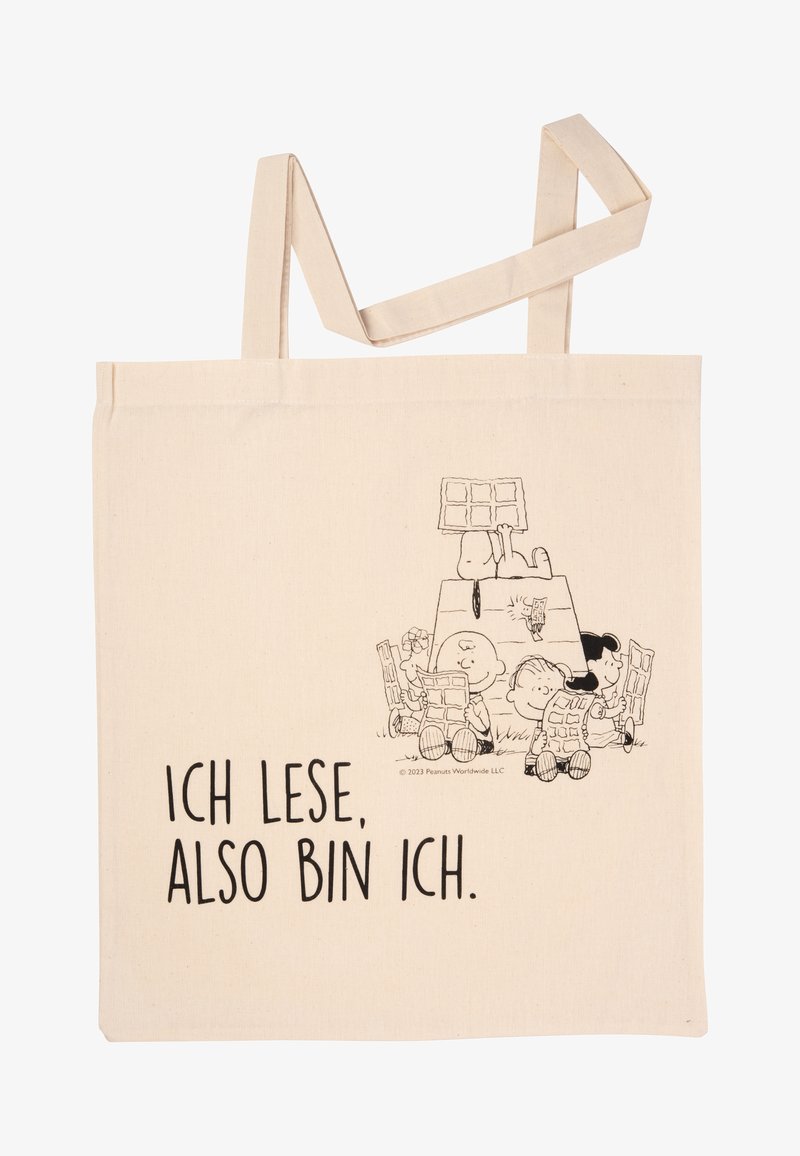 Borsa in cotone di colore naturale con un disegno a linee nere di personaggi dei cartoni animati che tengono barre di cioccolato e il testo "ICH LESE, ALso BIN ICH."