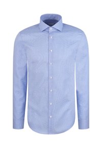 Chemise habillée pour homme à manches longues bleu clair avec un motif à carreaux subtil, ouverture boutonnée et col évasé sur fond blanc.