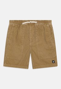 Shorts marron en tissu texturé à gaufres avec une taille élastique, fermeture à cordon de serrage et deux poches latérales. Présente un petit logo noir sur l'ourlet.