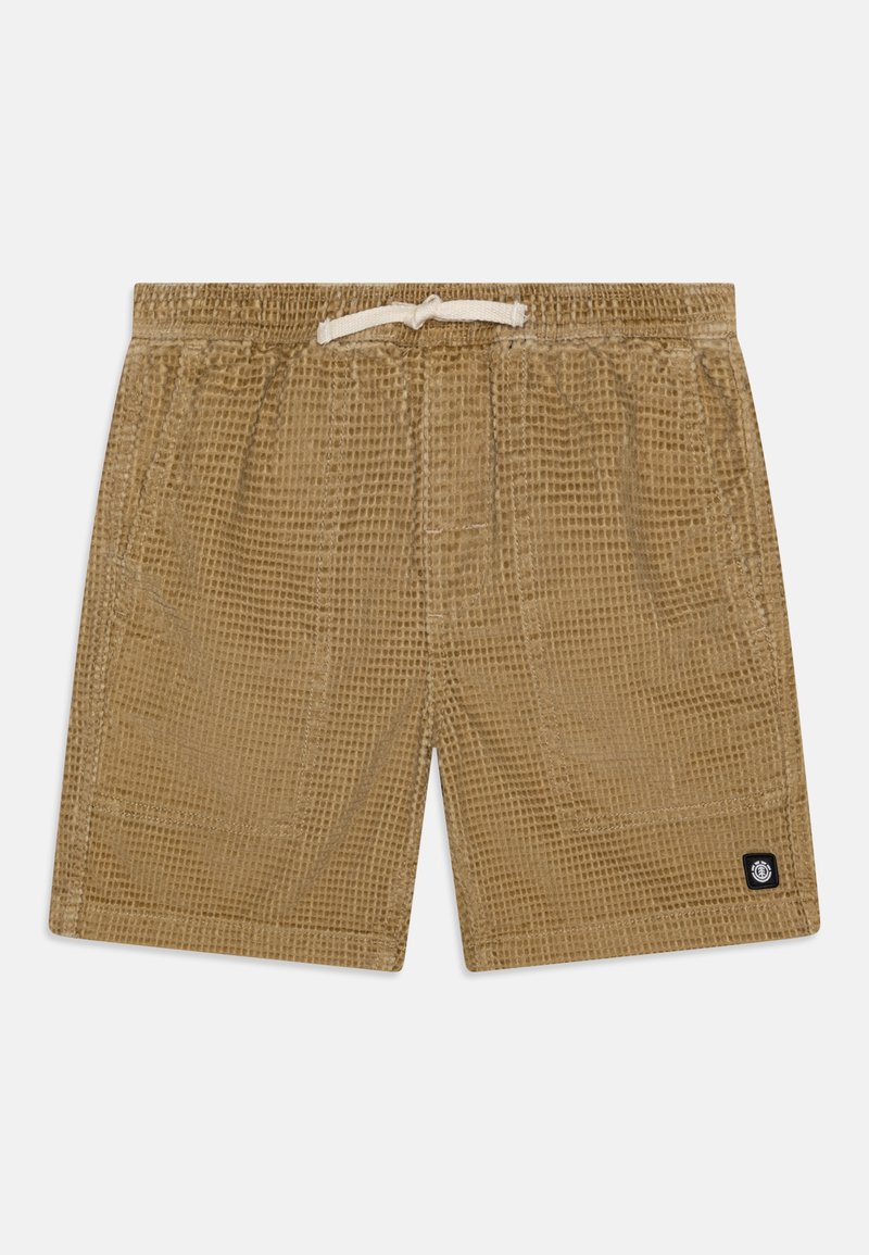 Shorts marron en tissu texturé à gaufres avec une taille élastique, fermeture à cordon de serrage et deux poches latérales. Présente un petit logo noir sur l'ourlet.