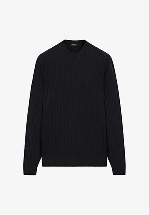 Mörkblå stickad tröja med ribbad struktur, rund halsringning och långa ärmar. Enkel design utan synliga dekorationer.