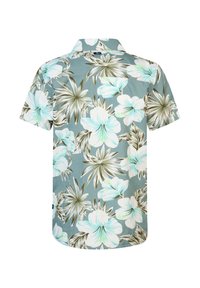Camicia a maniche corte di colore azzurro chiaro, con un motivo floreale in bianco e verde. Realizzata in cotone e con una vestibilità morbida.