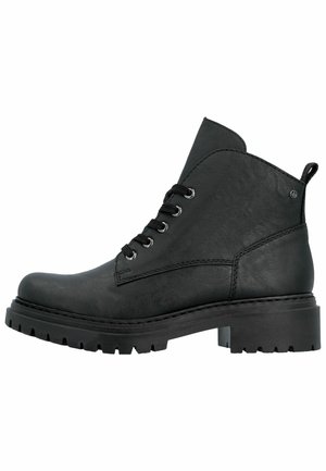 Stivaletto alla caviglia nero in pelle con lacci, suola spessa e linguetta posteriore, mostrato di profilo su sfondo bianco.