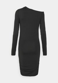 Vestido preto de manga longa com design de um ombro, ajuste justo ao corpo, detalhes franzidos na lateral, textura de tecido suave.