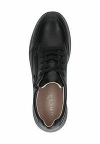Fekete bőr sportcipő fűzős dizájnnal és oldalsó cipzárral. Kerek orr és párnázott talpbetét jellemzi. Az talpbetéten logó található, sima felülettel.