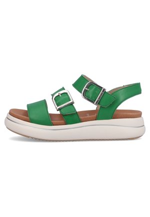 Zelené kožené sandály s dvěma nastavovacími popruhy, kovovými sponami a bílou platformou s texturovaným dnem pro lepší uchopení.