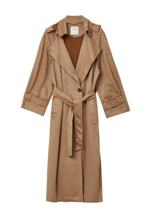 Tan, long trench coat made of soft fabric, featuring a belted waist, wide sleeves, and a notched collar. Includes button accents and pockets.