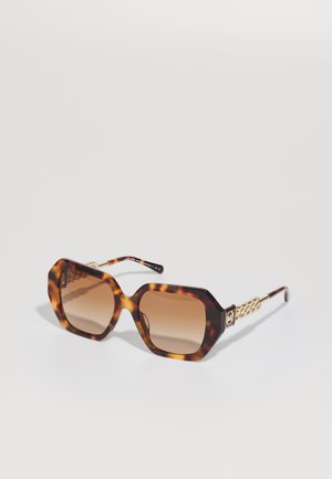 Gafas de sol carey con montura hexagonal, lentes marrones degradados y detalles en cadena dorada en las patillas. Diseño elegante con acentos notables.