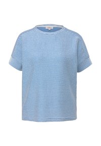 T-shirt à manches courtes à rayures horizontales bleues et blanches, col rond, coupe décontractée, présenté sur fond blanc uni.