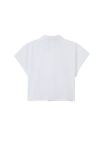 Witte, cropped blouse met een klassieke kraag en korte mouwen. Glad stof met een schone, eenvoudige uitstraling. Geen zichtbare patronen of accenten.
