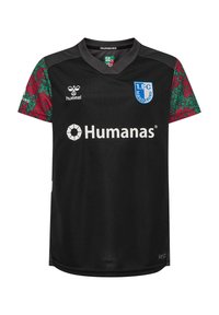 Maglia da calcio nera con maniche corte a fantasia colorata, dotata di colletto a V e loghi sul davanti e sulle maniche. Realizzata in tessuto testurizzato.