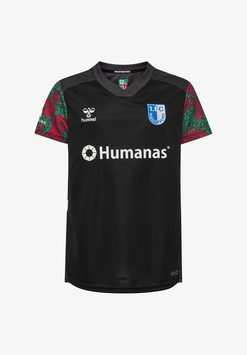 Maglia da calcio nera con maniche corte a fantasia colorata, dotata di colletto a V e loghi sul davanti e sulle maniche. Realizzata in tessuto testurizzato.