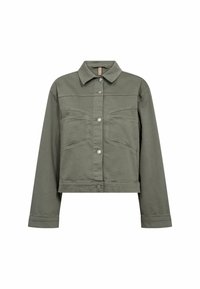 Veste cropped vert olive à manches longues, fermeture à bouton sur le devant, deux grandes poches sur la poitrine et un col classique.