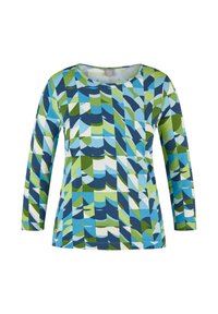 Langärmeliges Oberteil mit einem geometrischen Wellenmuster in Blau, Grün und Weiß. Hergestellt aus dehnbarem Stoff mit rundem Ausschnitt.