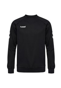 Sudadera negra hecha de un tejido suave, con mangas raglán, cuello redondo, logo "hummel" en blanco y patrones de chevron grises en las mangas.