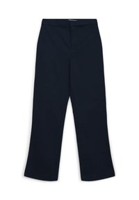 Pantaloni blu navy su misura realizzati in tessuto liscio, con una linea dritta, vita e senza tasche o decorazioni visibili.