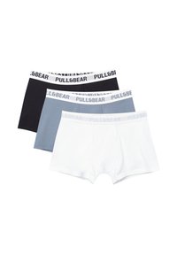 Három pár Pull&Bear boxer alsónadrág fekete, világoskék és fehér színben, elasztikus derékpánttal, amelyek márkás szöveggel díszítettek. Pamut anyag, sima felület.