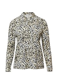 Langsleeve shirt in crèmekleur met een zwart gevlekt panterprint. Heeft een kraag en een knoopsluiting aan de voorkant. Zacht textiel.