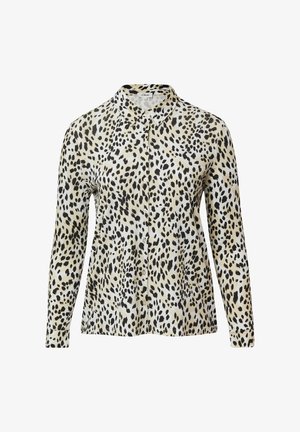 Langsleeve shirt in crèmekleur met een zwart gevlekt panterprint. Heeft een kraag en een knoopsluiting aan de voorkant. Zacht textiel.