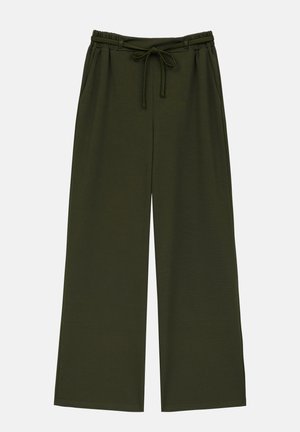 Široké kalhoty v tmavě zelené barvě s elastickým pasem, šňůrkou a bočními kapsami, vyrobené z měkké, lehké tkaniny.