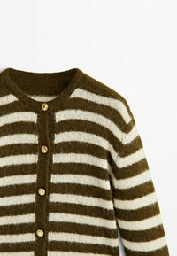 Ruskea ja valkoinen raidallinen villaneule, jossa on pyöreä pääntie ja neljä kultanappia edessä, esitelty valkoista taustaa vasten.